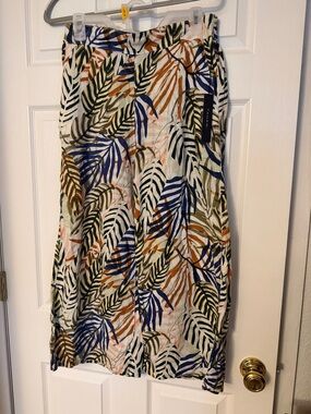 Tahari Tropical Leaf Print Wide Leg Pants in Blue, Olive & Rust